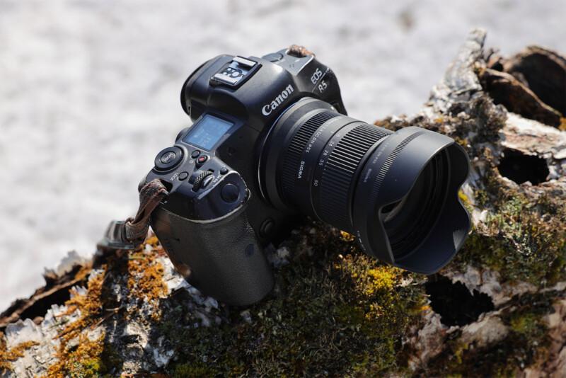 A Canon DSLR camera with a zoom lens is resting on a mossy log outdoors. The camera has a strap attached, and the scene suggests a rugged environment, possibly a forest or natural setting. The camera's screen and various buttons are visible.