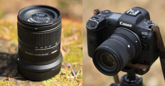 Side-by-side images showing a Sigma 18-50mm f/2.8 DC DN lens on the left and a Canon EOS R5 camera with a mounted lens on a tripod on the right. Both items are set outdoors on grass and leaves.