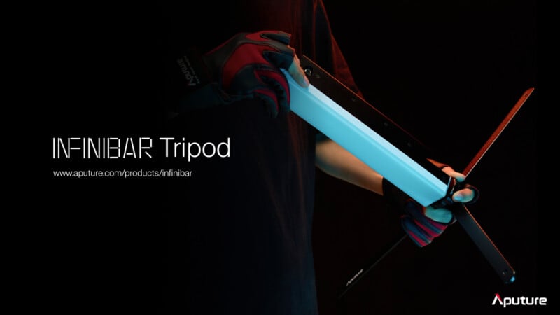 A person wearing gloves is handling an "INFINIBAR Tripod" with a glowing bar. The background is dark, and the text on the left reads: "INFINIBAR Tripod www.aputure.com/products/infinibar." The Aputure logo appears at the bottom right.