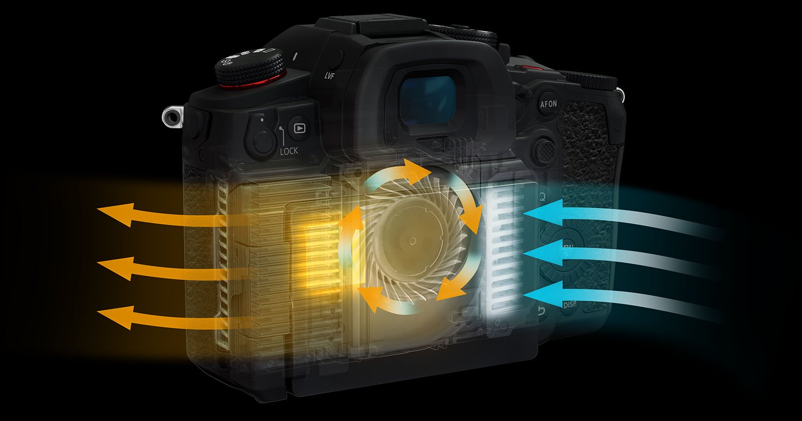 A digital camera is depicted with a transparent view showing an internal cooling system. Arrows indicate air flow: orange arrows represent warm air exiting and blue arrows show cool air entering the system, demonstrating the camera's cooling mechanism.