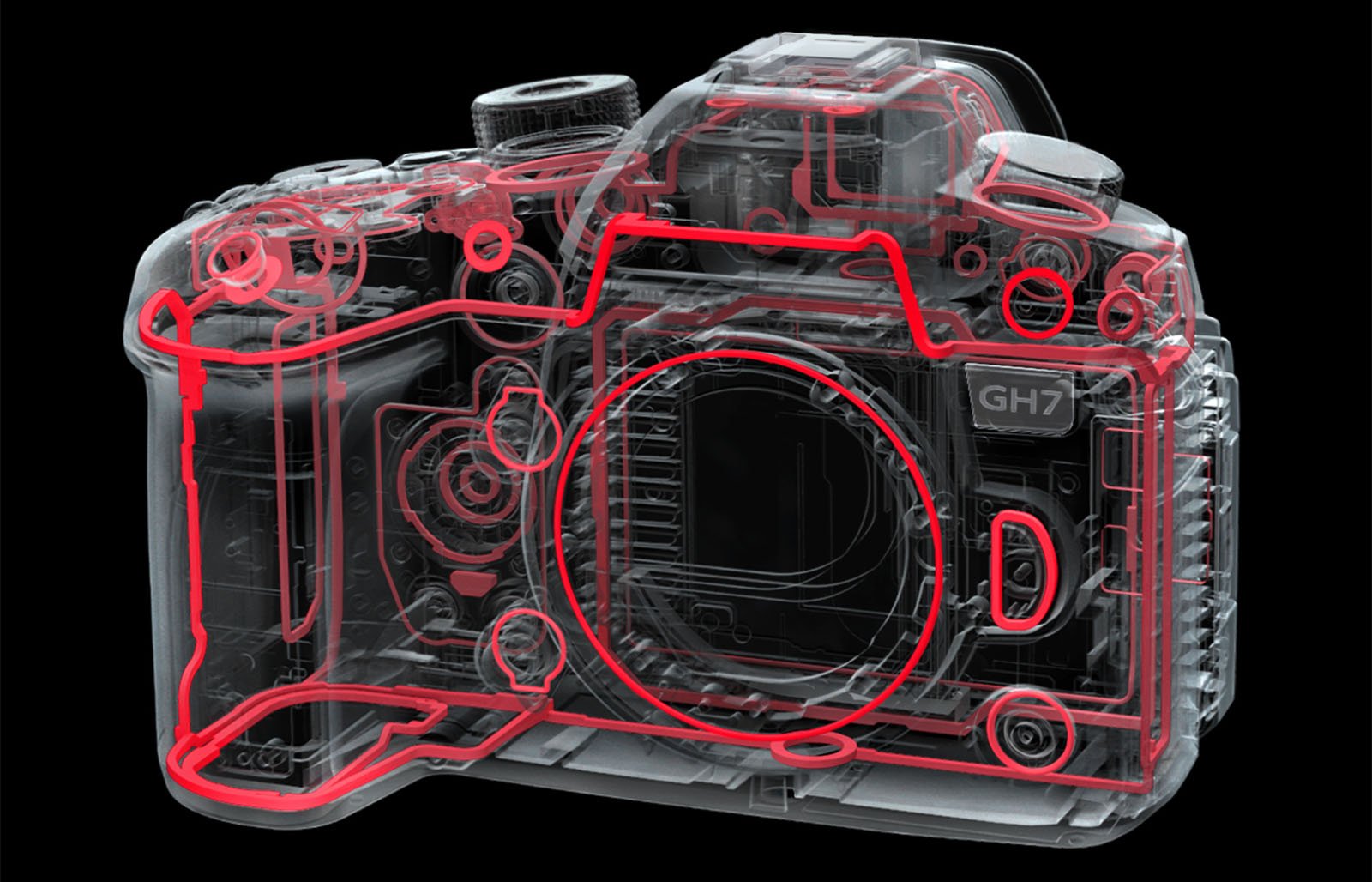 A transparent digital camera with highlighted internal components in red lines on a black background. The camera's model is labeled "GH7." The image showcases the intricate design and complex internal structure of the device.