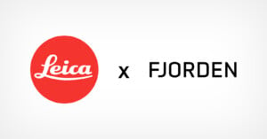 A logo with a red circle containing the word "Leica" in white cursive text on the left, and the word "FJORDEN" in black capital letters on the right. The two elements are separated by a black "x". The background is white.