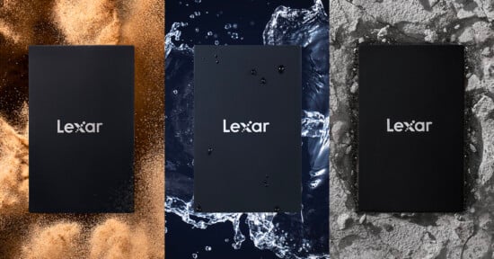 A Lexar portable SSD is showcased in three different environments. On the left, it is surrounded by sand. In the center, water splashes around it. On the right, it is on a rocky surface. The Lexar logo is prominently displayed on all three SSDs.