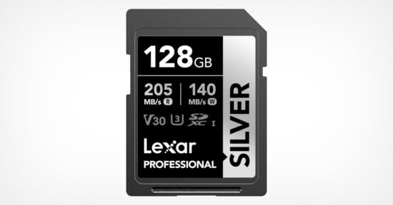 Image of a Lexar Professional Silver SD card with a storage capacity of 128GB. The card shows read speeds of 205 MB/s and write speeds of 140 MB/s. It is labeled with various specifications including V30, U3, and SDXC I.