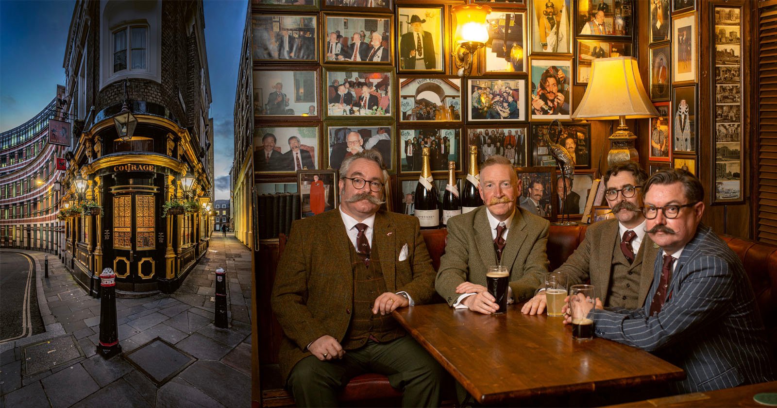 A group of four men with mustaches, wearing formal attire, are gathered at a wooden table in a cozy, dimly lit pub. Behind them are framed photographs covering the wall. The exterior of the pub, located on a curving street, is shown on the left side.