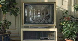 A vintage television sits on a stand in a room adorned with potted plants. The TV screen displays an image of an elegant, empty hallway with chandeliers and tiled flooring. Sunlight streams in from a nearby window, illuminating the scene.