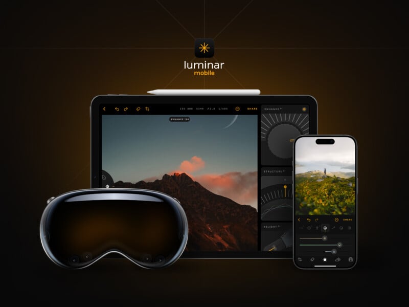 A promotional image for Luminar Mobile shows an iPad with a stylus, VR headset, and a smartphone. The iPad displays an edited mountain photo with sky presets and editing controls. The smartphone also shows an edited landscape image with various editing options visible.