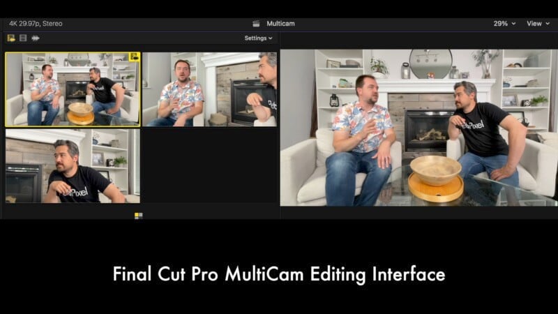 Screenshot of the Final Cut Pro MultiCam editing interface displaying two men engaged in conversation. The interface shows multiple camera angles in smaller preview windows on the left and a larger dual preview with both angles on the right. The title reads "Final Cut Pro MultiCam Editing Interface.