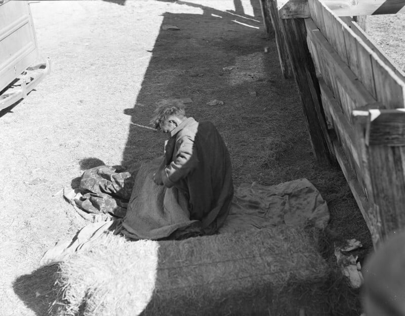 A person in worn clothing sits on hay in a shaded area beside a wooden fence, engaged in an activity with their hands. Sunlight casts shadows across the ground, and a few scattered items are visible around them.