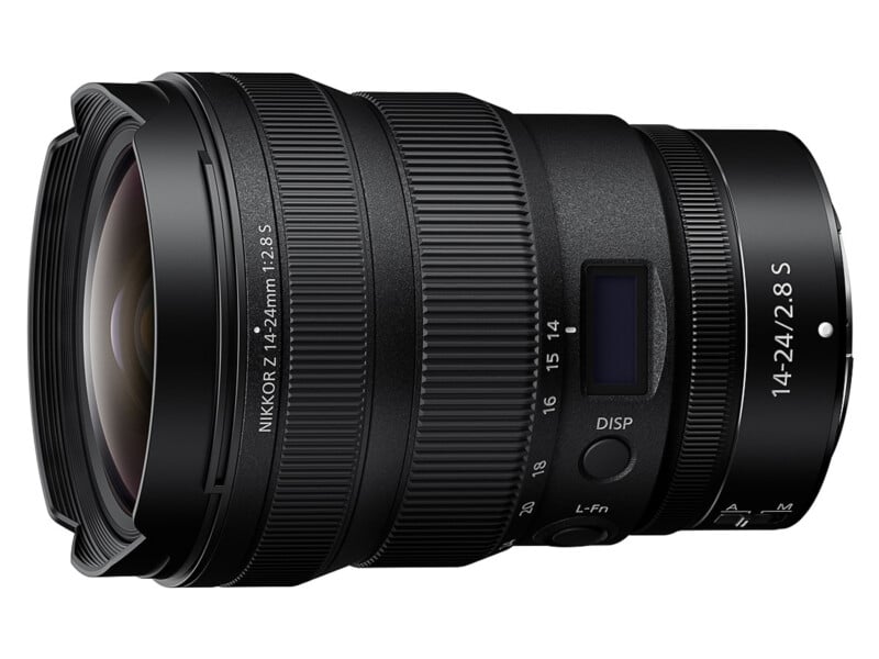 The image shows a Nikon Nikkor Z 14-24mm f/2.8 S wide-angle zoom lens. The lens has a black finish with a prominent zoom and focus ring, a digital display, and various control switches. It is designed for Nikon's Z-mount mirrorless cameras.