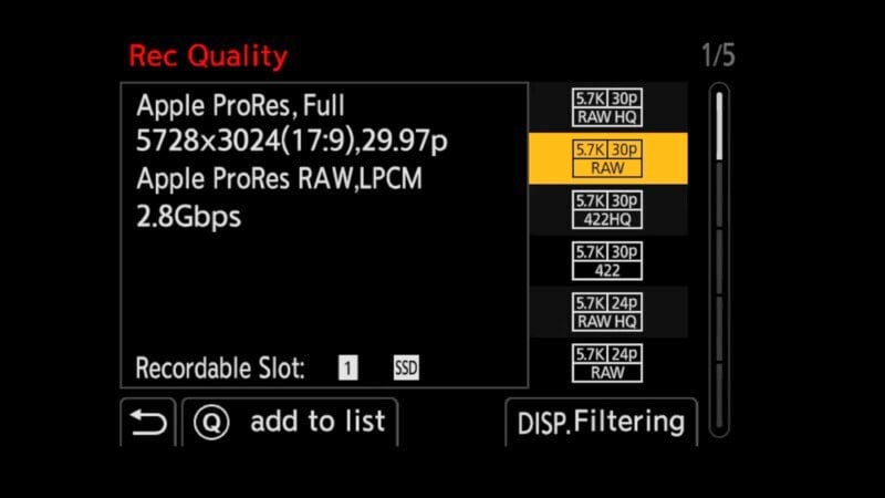 A camera screen showing recording quality settings. The available options include Apple ProRes and Apple ProRes RAW, with resolutions like 5728x3024 at 29.97p, and different frame rates from 24p to 30p. The current selection is 5.7K 30p in RAW format.