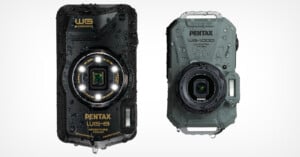 The image displays two rugged, waterproof cameras by Pentax, specifically the WG-8 (left) and WG-1000 (right). Both cameras have water droplets on them, highlighting their durability and outdoor-proof design. The WG-8 is black while the WG-1000 is gray.