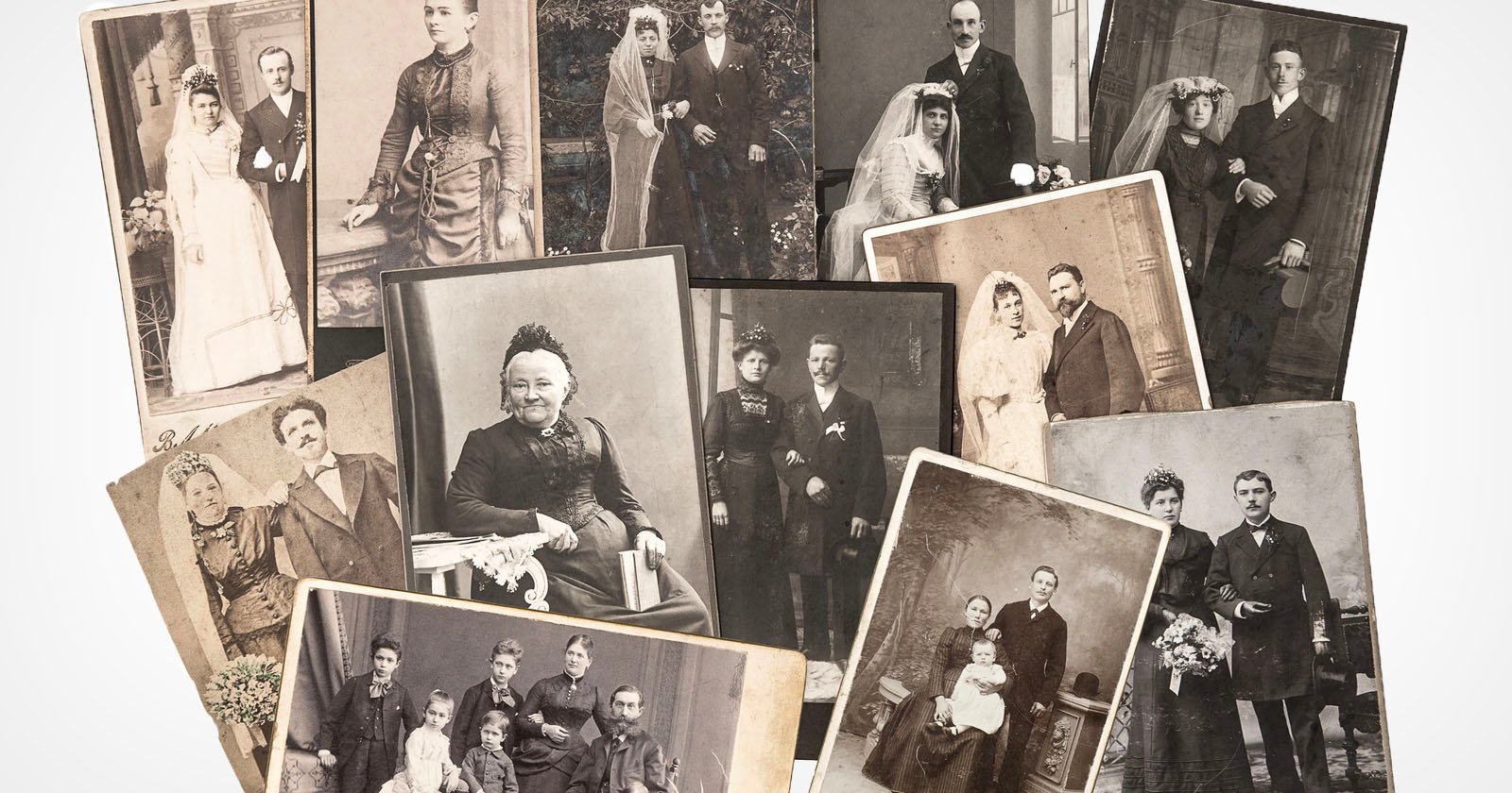 A collection of vintage black-and-white photographs featuring various formal portraits of individuals, couples, and families in traditional attire from the late 19th to early 20th century. Some images show wedding scenes, while others depict formal family gatherings.