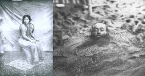 On the left, a woman in traditional attire sits on a rug against a plain backdrop, looking towards the camera. On the right, an older man with a beard is buried up to his neck in sand, with only his head visible. The photo is in black and white.