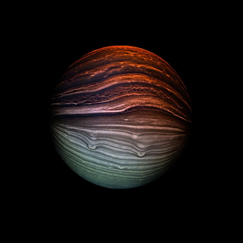 A vibrant, multi-colored, spherical object with horizontally layered bands in varying shades of orange, brown, purple, green, and grey. The bands appear textured, creating wavy patterns resembling a painted marble. The sphere is set against a black background.