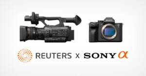 The image shows a professional Sony video camera on the left and a Sony mirrorless camera on the right against a white background. Below them are the logos for Reuters and Sony Alpha, with "REUTERS x SONY α" written in between the logos.