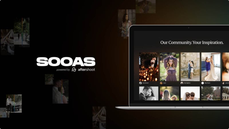 A screen displays a photo gallery with the text "Our Community. Your Inspiration." Next to it, the words "SOOAS powered by aftershoot" are prominently shown in bold on a dark background. The background also features small blended images of couples in various scenes.