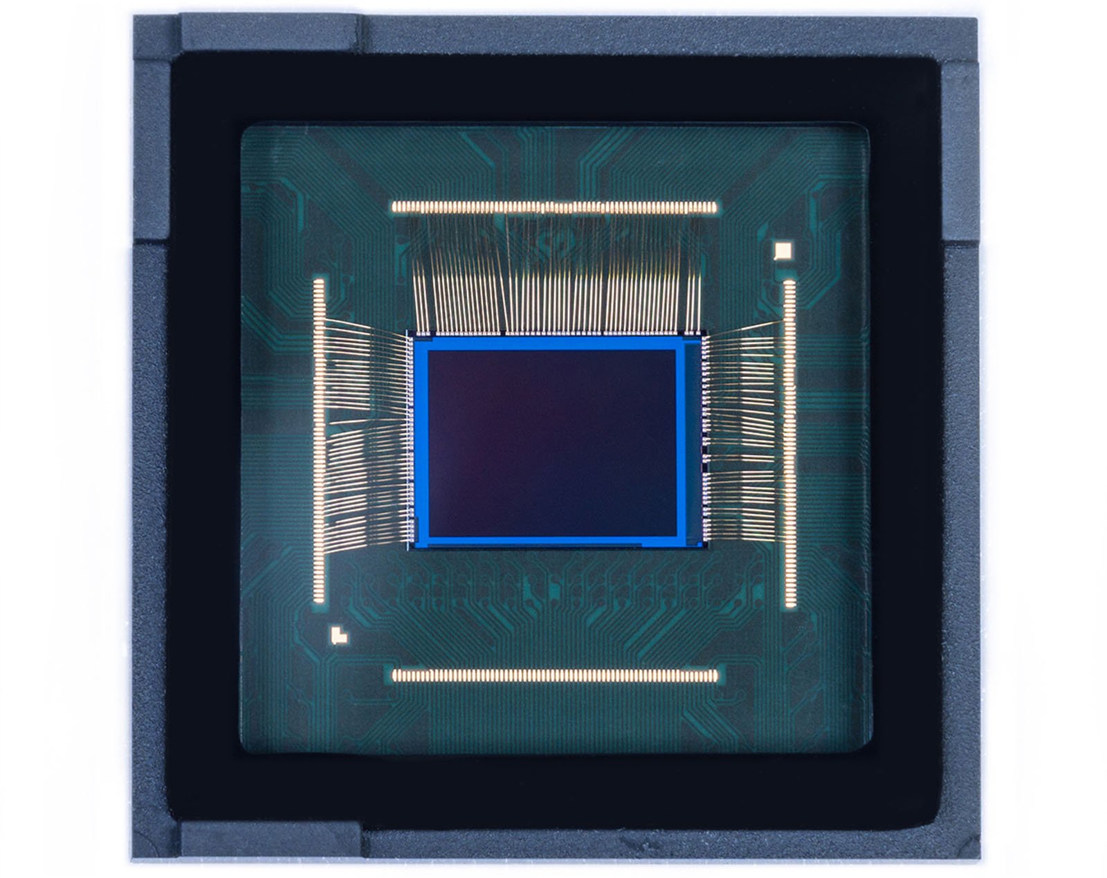 A close-up image of an electronic microchip with a blue core surrounded by numerous gold connections on a green circuit board. The chip is encased in a gray rectangular frame. The intricate wiring and connections are visible, highlighting the complexity of the microchip.