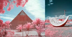 A surreal image in infrared colors shows two scenes: on the left, an Egyptian-style pyramid surrounded by trees and a fence; on the right, a giant watermelon slice sculpture with seeds, positioned near a road, set against a bright sky.