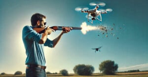 A man in a blue shirt takes aim and shoots a shotgun at a drone, causing it to explode mid-air. Another drone flies nearby in the clear, blue sky above a grassy, open field with scattered bushes in the background.