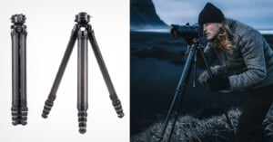 On the left, two black carbon fiber tripods are shown, one fully extended and the other folded. On the right, a man with long hair, dressed in a beanie and warm clothing, is adjusting a camera on a tripod outdoors in a rugged, dark mountainous area.