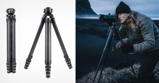 On the left, two black carbon fiber tripods are shown, one fully extended and the other folded. On the right, a man with long hair, dressed in a beanie and warm clothing, is adjusting a camera on a tripod outdoors in a rugged, dark mountainous area.