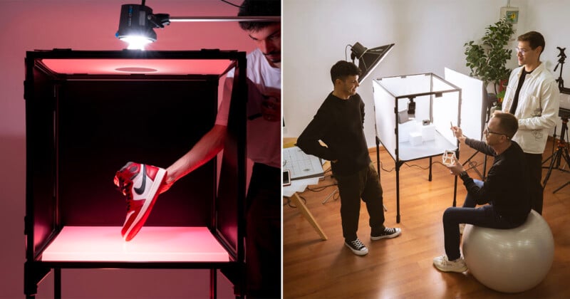 The image is split into two sections. The left side shows a person placing a red and white sneaker into a lightbox for photography. The right side depicts three people setting up a photography session with lighting equipment, discussing angles and setup.