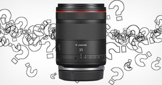 A Canon RF 35mm lens is shown prominently centered against a white background with scattered light gray question marks. The lens features a sleek black design with a red ring near the top and the Canon logo, "35" and other lens details visible.