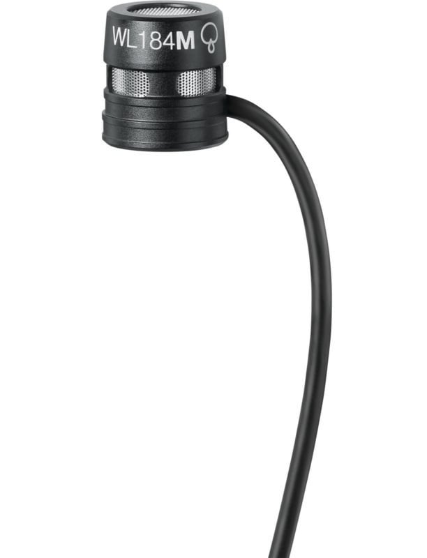 Close-up of a black clip-on lavalier microphone with a thin cable attached. The microphone features a round metallic grill on top, with the label "WL184M" written in white on the side. The microphone is designed for discreet use in presentations or performances.