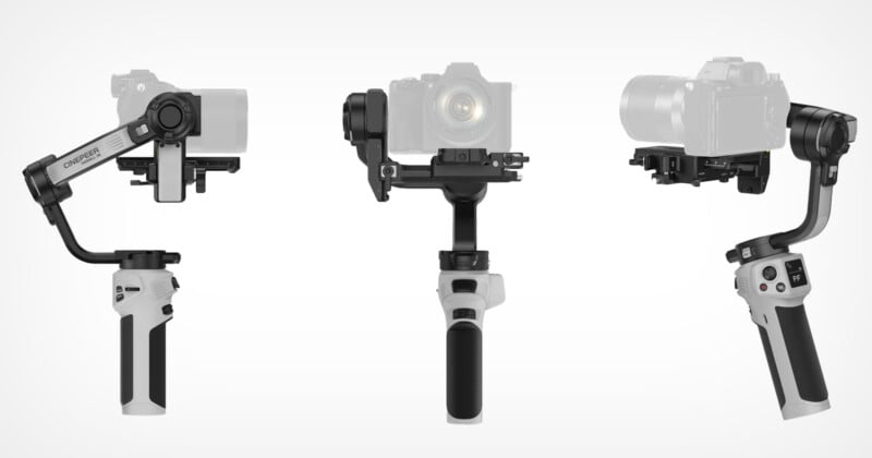 Three views of a handheld camera gimbal stabilizer are depicted against a white background. The gimbal holds a camera in various positions, showcasing the handle with control buttons, joystick, and a display screen. The stabilizer is designed to reduce shake during filming.