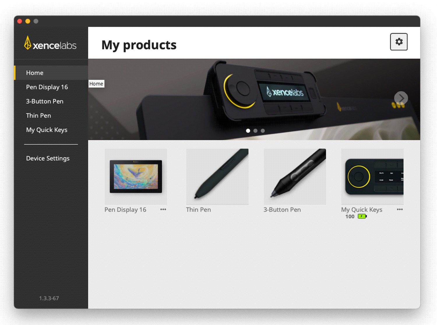 A digital interface displaying a "My products" page for Xencelabs devices. The sidebar shows menu options including Home, Pen Display 16, Thin Pen, 3-Button Pen, and My Quick Keys, with pictures of each product. The main section includes images and names of these products.