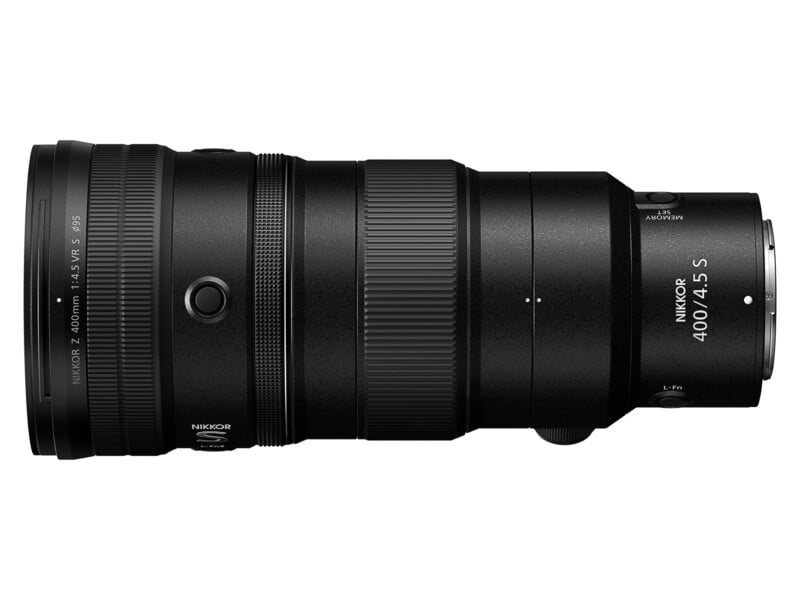 A Nikon NIKKOR Z 400mm f/4.5 VR S telephoto lens is shown against a white background. The lens is black with the model information and other specifications in white text. It features a large front element, and multiple adjustment rings.