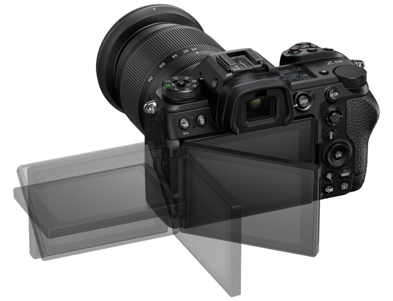 A digital camera with a detachable lens. The camera's LCD screen is shown in various positions, highlighting its pivot and tilt capabilities. The camera body features multiple control buttons, dials, and an electronic viewfinder.