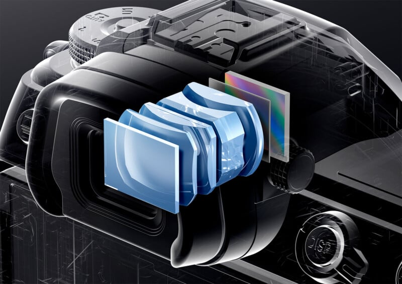 A detailed transparent illustration of a camera's viewfinder and internal components. The image highlights the intricate layers and glass elements within the viewfinder, showing their arrangement and connection to the camera body, against a dark background.