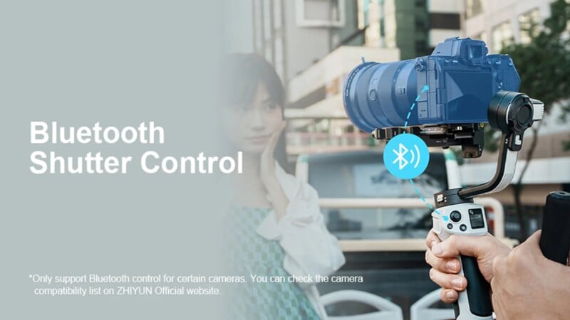 A person is holding a camera on a gimbal with a Bluetooth icon indicating Bluetooth shutter control functionality. A woman stands in the background, slightly blurred. Text reads "Bluetooth Shutter Control" and a disclaimer about camera compatibility on the Zhiyun website.