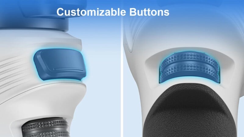 Close-up image showing two customizable buttons on a white device with blue accents. The left side features a large, rectangular button with a textured surface, while the right side shows a circular, ridged button. The text "Customizable Buttons" is displayed at the top.