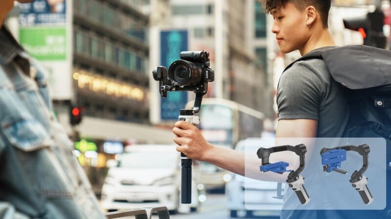 A man in an urban setting holds a camera mounted on a stabilizer. He's wearing a gray t-shirt and a backpack. The background shows city buildings and cars. An inset image shows two different types of camera stabilizers.