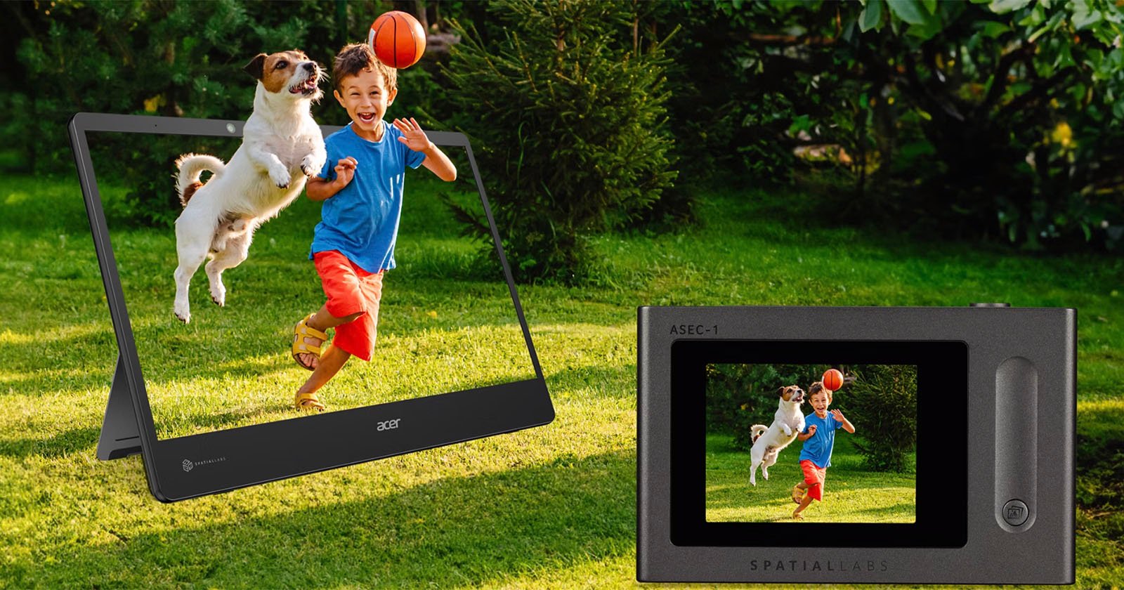 A boy in a blue shirt and red shorts throws a basketball while a playful dog jumps to catch it. This vibrant scene is displayed on an Acer monitor and the Spatial Labs device, giving a 3D effect that makes the boy and dog appear to pop out of the screens.