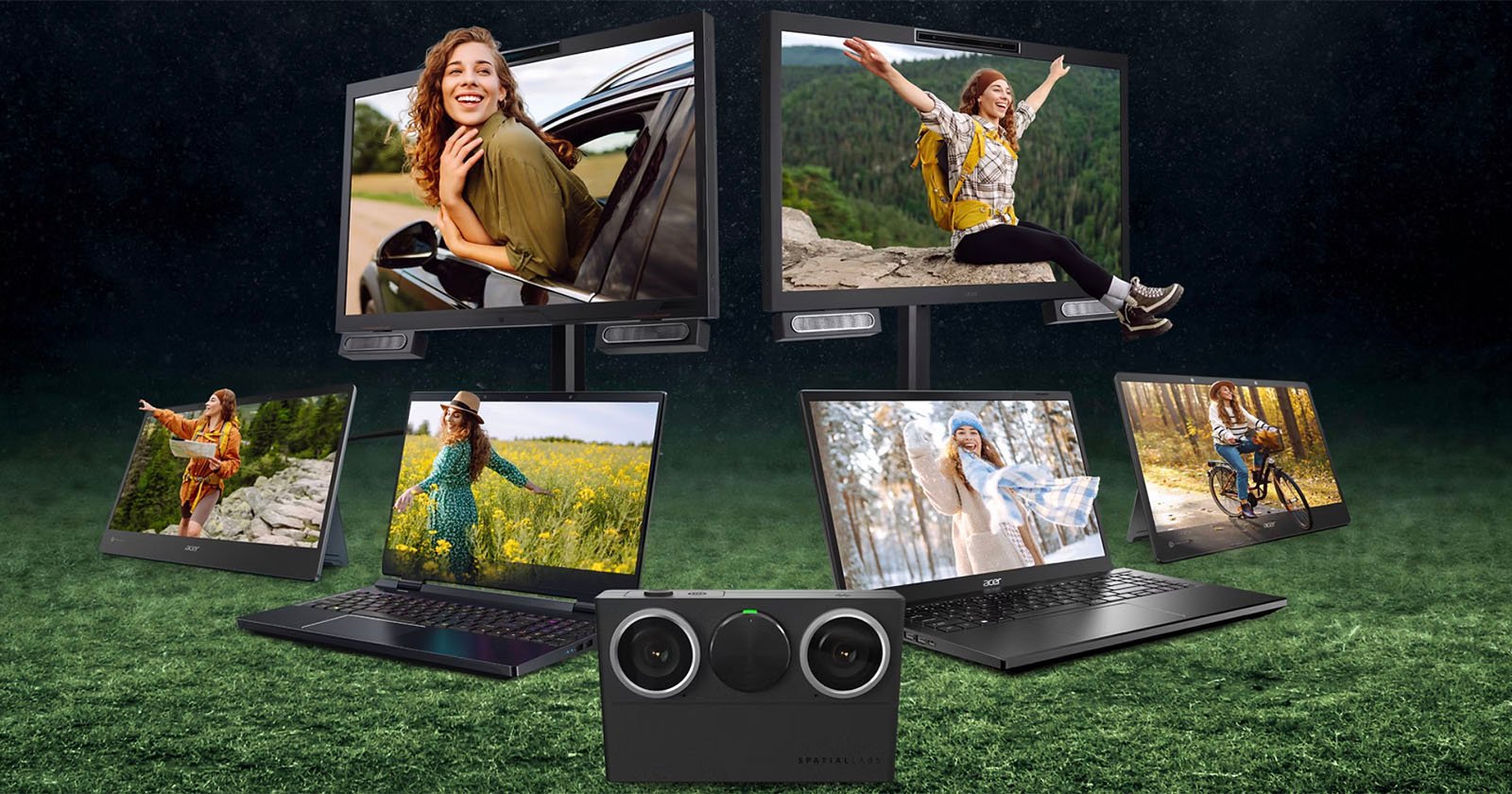 A collection of six laptops and one gadget featuring different images of women in outdoor settings, including fields, mountains, and forests. The screens showcase various activities like posing, hiking, and cycling. The background is a dark, grassy terrain.