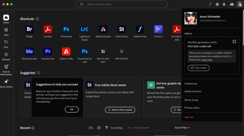A screenshot of the Adobe Creative Cloud interface displaying various software icons like Photoshop, Lightroom, and After Effects. The black toolbar includes shortcut tiles, suggestions, and a profile card on the top-right with user details and a "Sign out" option shown.