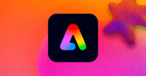 A multicolored, stylized 'A' logo is centered on a black square background. The backdrop features a gradient of warm colors blending from orange to pink, with a textured star shape in the upper right corner.