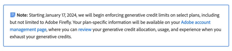A highlighted note states that starting January 17, 2024, Adobe will enforce generative credit limits on select plans, including Adobe Firefly. Users can check their plan-specific details on the Adobe account management page and review usage when credits are exhausted.