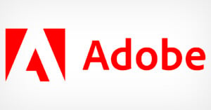 The image shows the Adobe logo. It features a stylized red "A" on the left, created by cutting out a white triangle from a red rectangle. To the right, the word "Adobe" is written in red, using a clean, modern font. The background is white.
