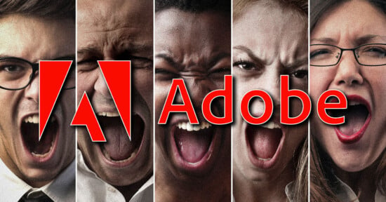 An image featuring five people close together, each with a look of intense emotion while shouting. The Adobe logo, in bright red text with the "A" symbol, overlays the center, partially obscuring the faces. The background and faces appear gritty and textured.