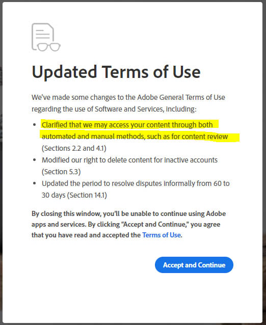 Image showing an "Updated Terms of Use" notice for Adobe Software and Services. Key changes highlighted include manual and automated content access, clearer data deletion terms, and a longer dispute resolution period. Button at the bottom reads "Accept and Continue.