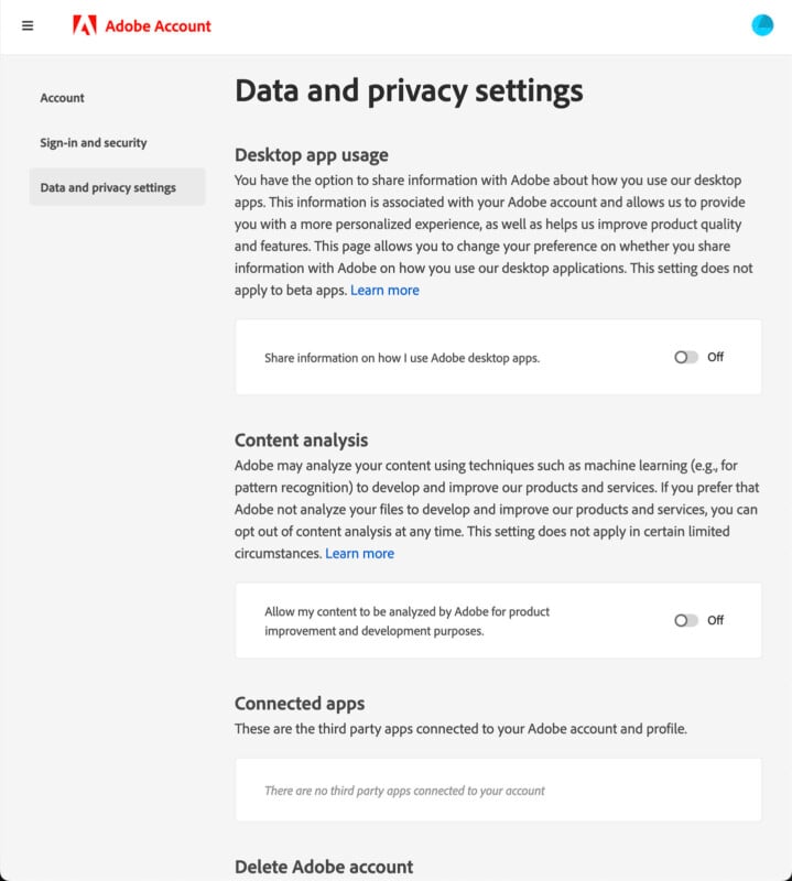 Screenshot of Adobe Account's Data and Privacy Settings page. The sections include Desktop App Usage, Content Analysis, Connected Apps, and Delete Adobe Account. Various toggles allow users to control data sharing preferences, with options to learn more.