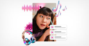 A person wearing headphones, surrounded by music notes, a sound wave, and a flower, looking thoughtfully into the distance. Below them are three play buttons suggesting music or audio tracks. The image conveys a musical and contemplative atmosphere.