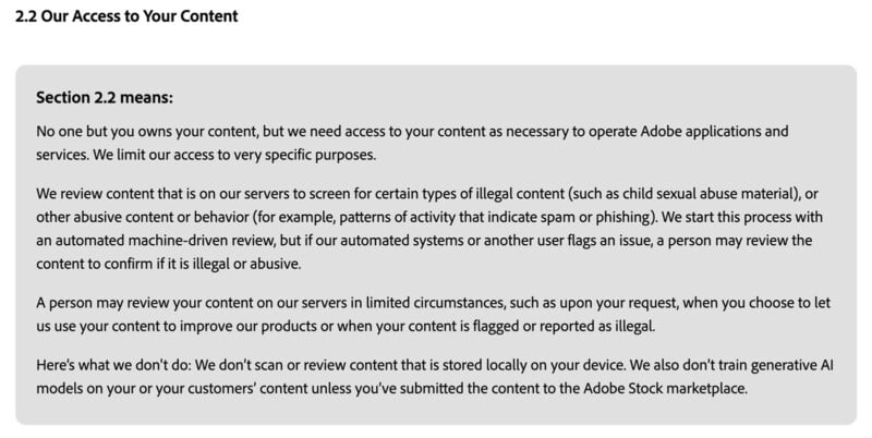 The image shows a section from a document titled "2.2 Our Access to Your Content." It explains when Adobe may access user content, such as for responding to illegal content, user flags, or upon user request. It clarifies that Adobe doesn't scan or review locally stored content.