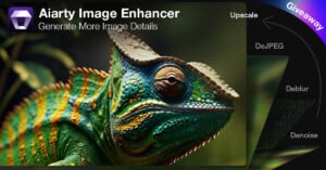 A vibrant and detailed close-up of a chameleon under the title "Aiarty Image Enhancer: Generate More Image Details." Arrows point to features including "Upscale," "DeJPEG," "Deblur," and "Denoise." A label on the right side of the image says "Giveaway.