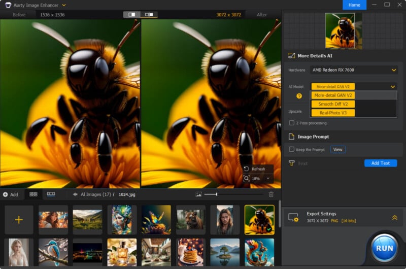 A screenshot of an AI image enhancer software interface. It shows a side-by-side comparison of a close-up photo of a bee on a flower, with the right side visibly sharper. The interface includes settings for adjusting AI model options, image prompts, and export settings.